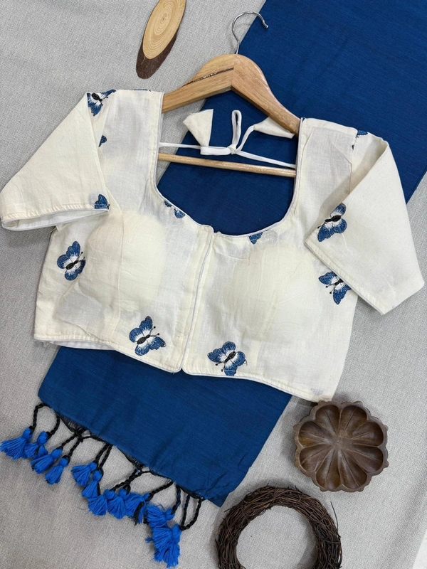 PAITHANI_HOUSE11 Wings of Elegance – Handloom Khadi Cotton Saree & Kora Cotton Blouse (CF-Butterfly) - BLUE