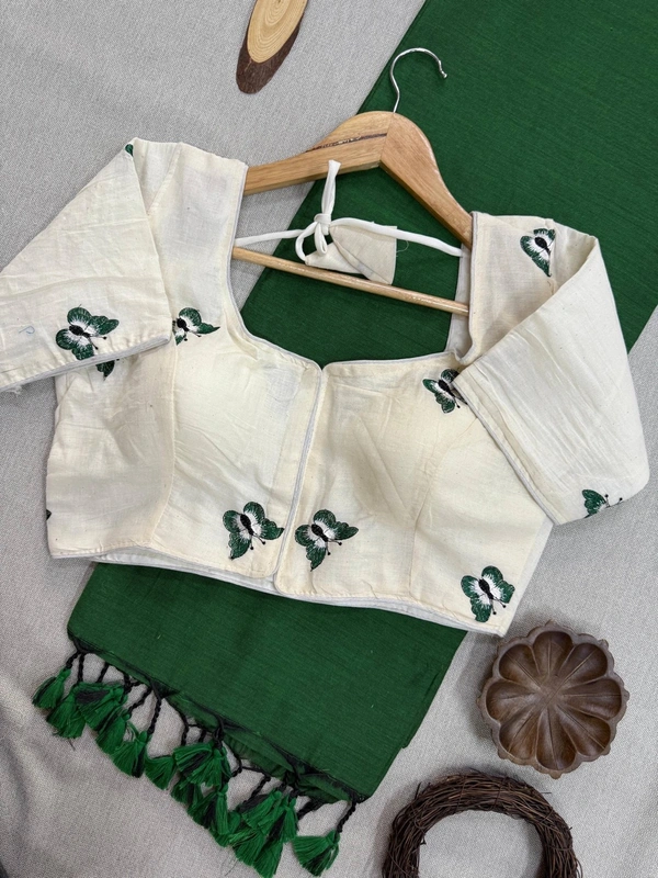 PAITHANI_HOUSE11 Wings of Elegance – Handloom Khadi Cotton Saree & Kora Cotton Blouse (CF-Butterfly) - DARK GREEN