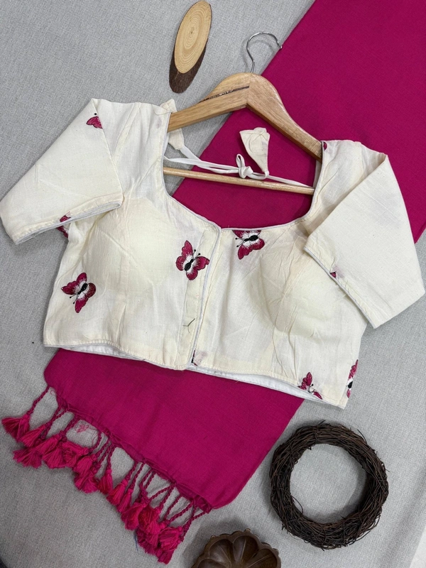 PAITHANI_HOUSE11 Wings of Elegance – Handloom Khadi Cotton Saree & Kora Cotton Blouse (CF-Butterfly) - HOT PINK