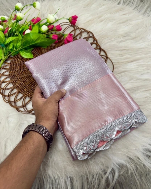Pastel Pink Banarasi Tissue Silk Saree with Silver Shine & Designer Lace Border | VV
- Free