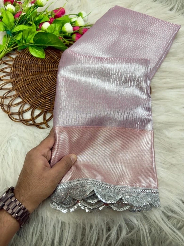 Pastel Pink Banarasi Tissue Silk Saree with Silver Shine & Designer Lace Border | VV
- Free