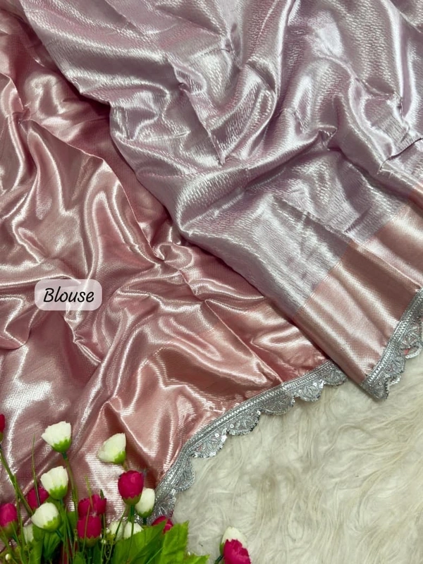Pastel Pink Banarasi Tissue Silk Saree with Silver Shine & Designer Lace Border | VV
- Free