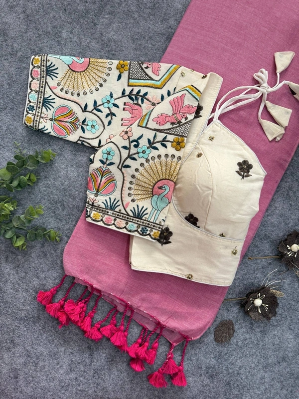 PAITHANI_HOUSE11 Khadi Cotton Saree with Contrast Pink Pallu & Heavy Embroidered Blouse – CF-147 - LIGHT PEACH