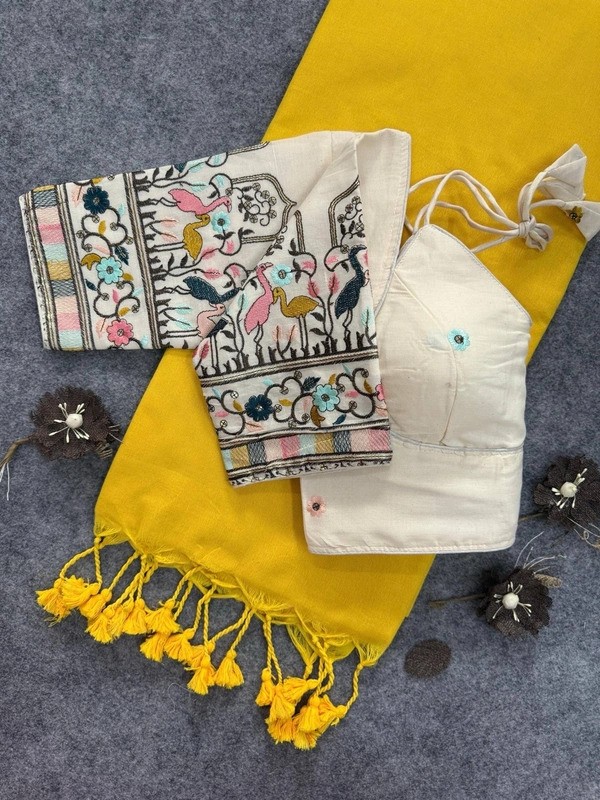 PAITHANI_HOUSE11 Khadi Cotton Saree with Contrast Pink Pallu & Heavy Embroidered Blouse – CF-147 - YELLOW