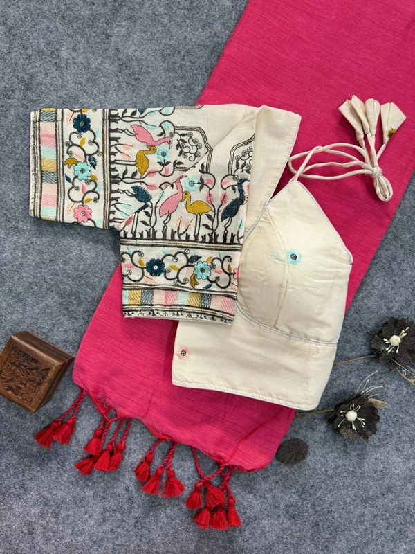 PAITHANI_HOUSE11 Khadi Cotton Saree with Contrast Pink Pallu & Heavy Embroidered Blouse – CF-147 - PEACH