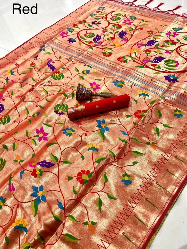 PAITHANI_HOUSE201 Pure Kanchivaram Paithani Silk Saree with Original Zari Weaving & Munia Border – Heavy Meena Pallu - RED
