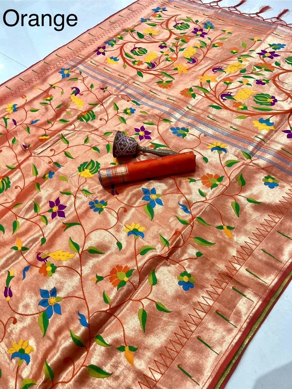 PAITHANI_HOUSE202 Pure Kanchivaram Paithani Silk Saree with Original Zari Weaving & Munia Border – Heavy Meena Pallu - orange