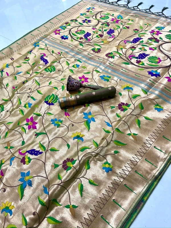 PAITHANI_HOUSE204 Pure Kanchivaram Paithani Silk Saree with Original Zari Weaving & Munia Border – Heavy Meena Pallu - Green