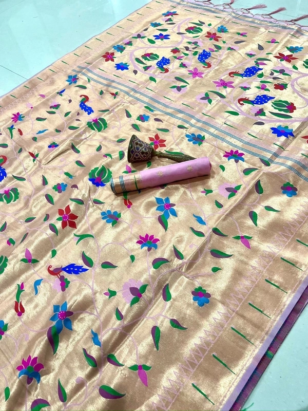 PAITHANI_HOUSE206 Pure Kanchivaram Paithani Silk Saree with Original Zari Weaving & Munia Border – Heavy Meena Pallu - Light Pink