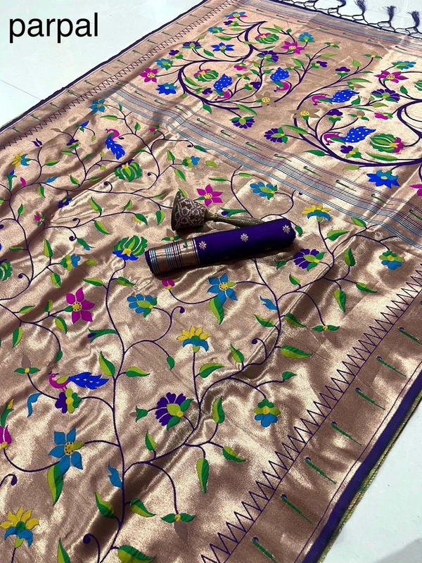 PAITHANI_HOUSE208 Pure Kanchivaram Paithani Silk Saree with Original Zari Weaving & Munia Border – Heavy Meena Pallu - Purple
