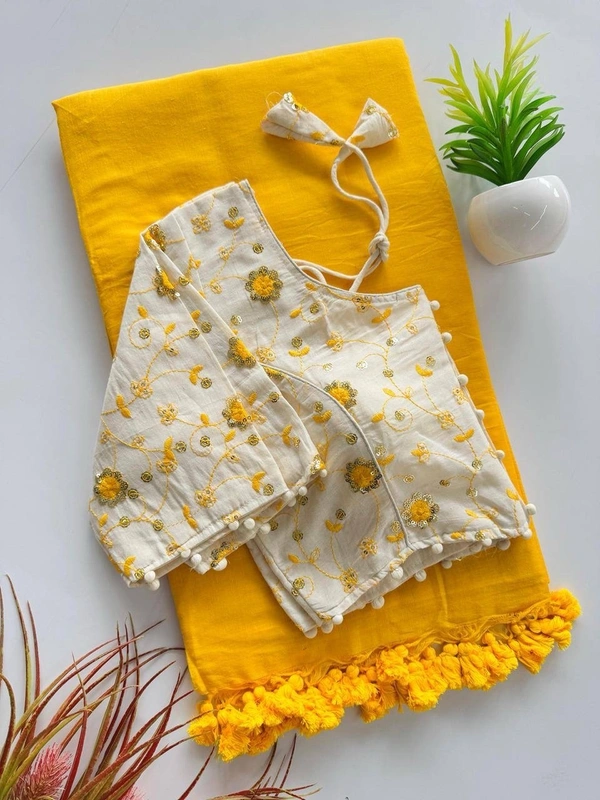PAITHANI_HOUSE11 Khadi Cotton Saree | Embroidered Padded Blouse (CF-191) - Yellow