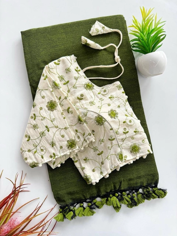 PAITHANI_HOUSE11 Khadi Cotton Saree | Embroidered Padded Blouse (CF-191) - GREEN