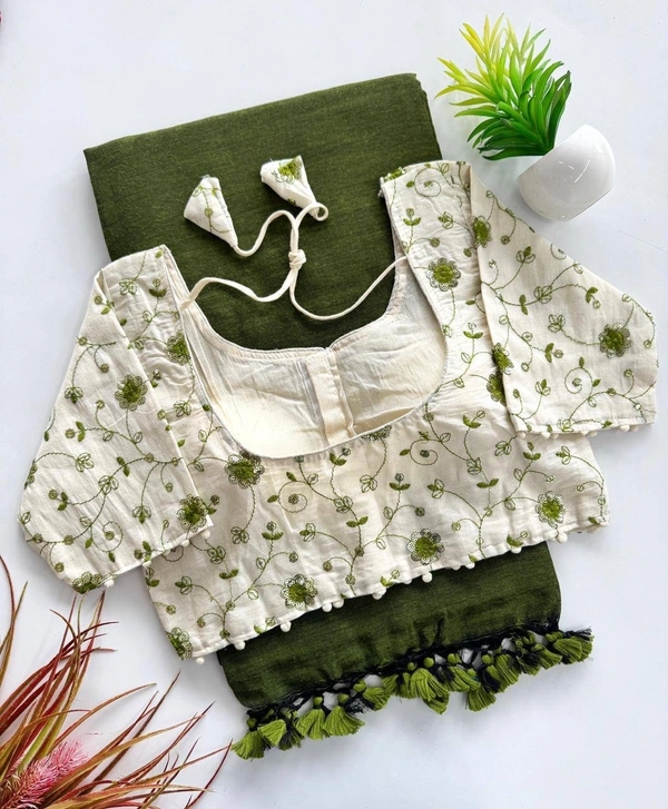 PAITHANI_HOUSE11 Khadi Cotton Saree | Embroidered Padded Blouse (CF-191) - GREEN