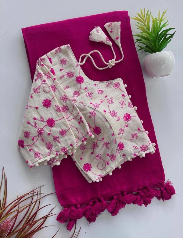 PAITHANI_HOUSE11 Khadi Cotton Saree | Embroidered Padded Blouse (CF-191) - HOT PINK