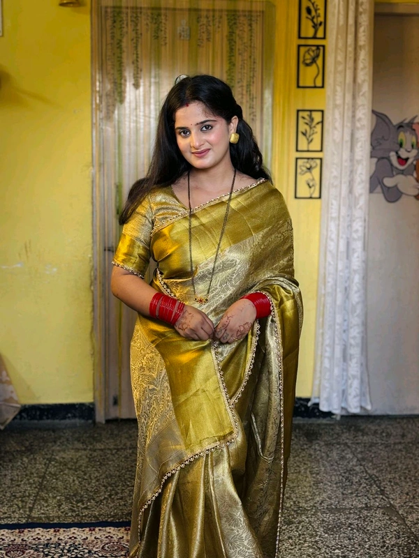 “Diksha Desle Inspired Designer Ghungroo Border Golden Silk Saree – Premium Festive Wear” ✨ - Gold, Free