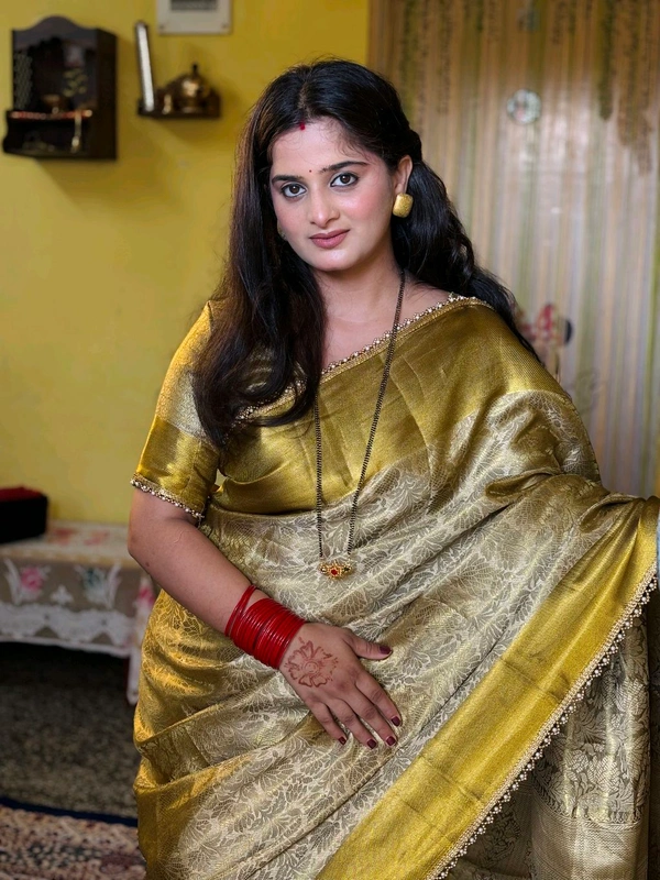“Diksha Desle Inspired Designer Ghungroo Border Golden Silk Saree – Premium Festive Wear” ✨ - Gold, Free