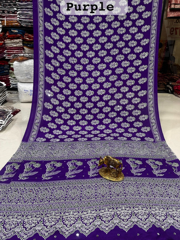 Ajrakh Panchali Soft Satin Silk Saree with Real Mirror Work & Tassels - Free, Purple