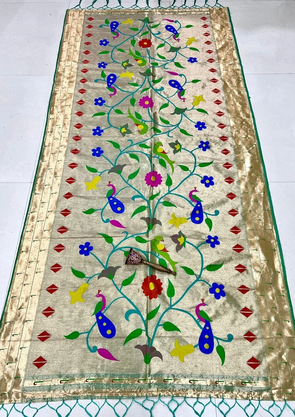 Antique Gold Paithani Art Silk Dupatta with Traditional Colorful Floral & Parrot Motif Border - 2.5mt, GOLD