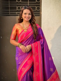 Art Soft Silk Saree with Silver Zari Temple Pallu & Golden Zari Border - FREE, PURPLE PNK