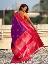 Art Soft Silk Saree with Silver Zari Temple Pallu & Golden Zari Border - FREE, PURPLE PNK