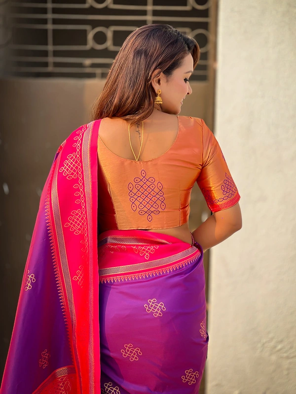 Art Soft Silk Saree with Silver Zari Temple Pallu & Golden Zari Border - FREE, PURPLE PNK