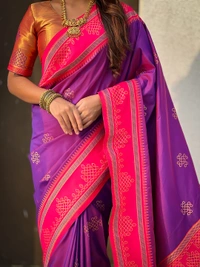 Art Soft Silk Saree with Silver Zari Temple Pallu & Golden Zari Border - FREE, PURPLE PNK