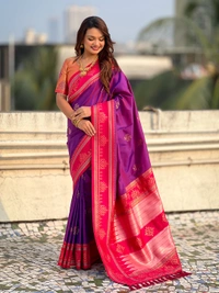 Art Soft Silk Saree with Silver Zari Temple Pallu & Golden Zari Border - FREE, PURPLE PNK