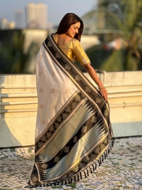 Art Soft Silk Saree with Silver Zari Temple Pallu & Golden Zari Border - FREE, C.BLACK