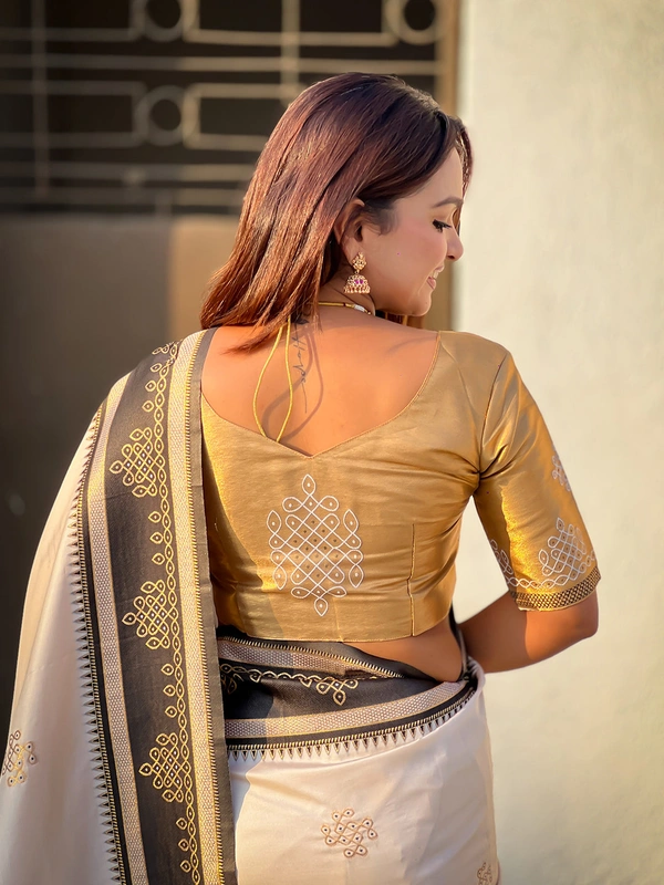 Art Soft Silk Saree with Silver Zari Temple Pallu & Golden Zari Border - FREE, C.BLACK