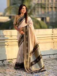 Art Soft Silk Saree with Silver Zari Temple Pallu & Golden Zari Border - FREE, C.BLACK