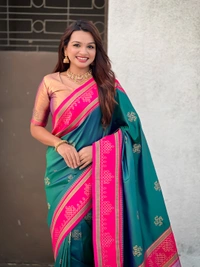 Art Soft Silk Saree with Silver Zari Temple Pallu & Golden Zari Border - FREE, P.GREEN