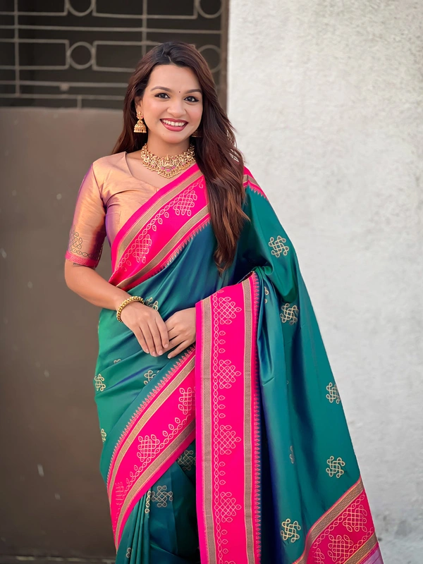 Art Soft Silk Saree with Silver Zari Temple Pallu & Golden Zari Border - FREE, P.GREEN