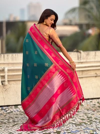 Art Soft Silk Saree with Silver Zari Temple Pallu & Golden Zari Border - FREE, P.GREEN