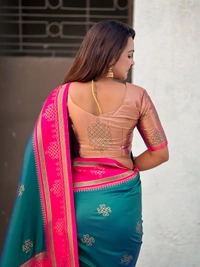 Art Soft Silk Saree with Silver Zari Temple Pallu & Golden Zari Border - FREE, P.GREEN