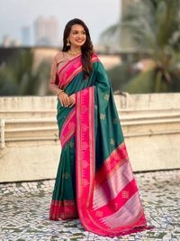 Art Soft Silk Saree with Silver Zari Temple Pallu & Golden Zari Border - FREE, P.GREEN