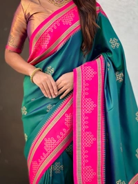 Art Soft Silk Saree with Silver Zari Temple Pallu & Golden Zari Border - FREE, P.GREEN