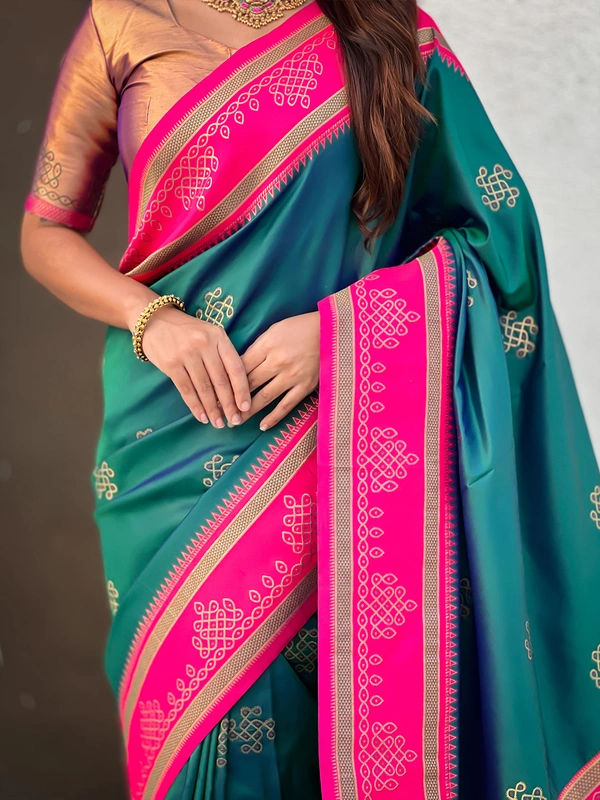 Art Soft Silk Saree with Silver Zari Temple Pallu & Golden Zari Border - FREE, P.GREEN