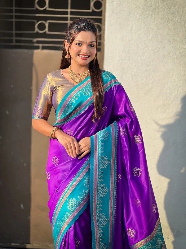 Art Soft Silk Saree with Silver Zari Temple Pallu & Golden Zari Border - FREE, RANGOLI-PURPLERAMA