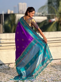 Art Soft Silk Saree with Silver Zari Temple Pallu & Golden Zari Border - FREE, RANGOLI-PURPLERAMA