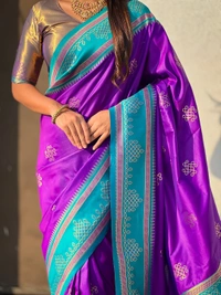 Art Soft Silk Saree with Silver Zari Temple Pallu & Golden Zari Border - FREE, RANGOLI-PURPLERAMA