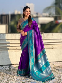 Art Soft Silk Saree with Silver Zari Temple Pallu & Golden Zari Border - FREE, RANGOLI-PURPLERAMA