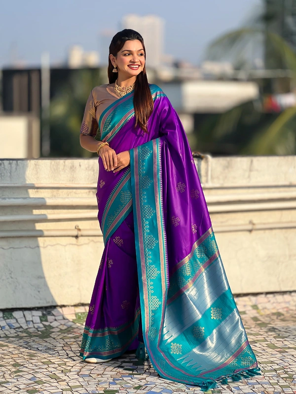 Art Soft Silk Saree with Silver Zari Temple Pallu & Golden Zari Border - FREE, RANGOLI-PURPLERAMA