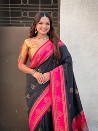 Art Soft Silk Saree with Silver Zari Temple Pallu & Golden Zari Border - FREE, RANGOLI-BLACK