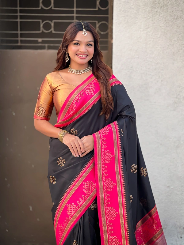 Art Soft Silk Saree with Silver Zari Temple Pallu & Golden Zari Border - FREE, RANGOLI-BLACK