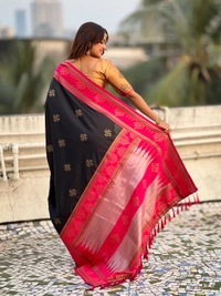 Art Soft Silk Saree with Silver Zari Temple Pallu & Golden Zari Border - FREE, RANGOLI-BLACK