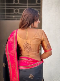 Art Soft Silk Saree with Silver Zari Temple Pallu & Golden Zari Border - FREE, RANGOLI-BLACK