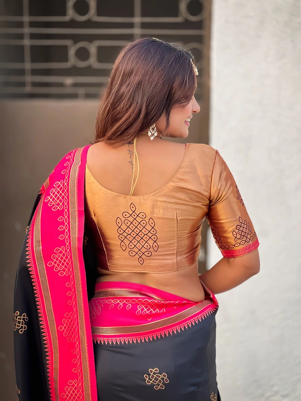 Art Soft Silk Saree with Silver Zari Temple Pallu & Golden Zari Border - FREE, RANGOLI-BLACK