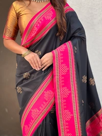 Art Soft Silk Saree with Silver Zari Temple Pallu & Golden Zari Border - FREE, RANGOLI-BLACK