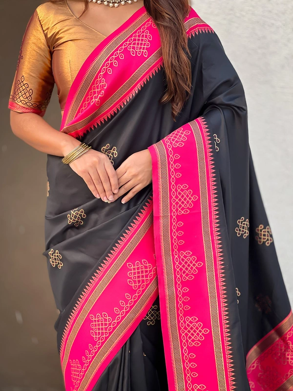 Art Soft Silk Saree with Silver Zari Temple Pallu & Golden Zari Border - FREE, RANGOLI-BLACK