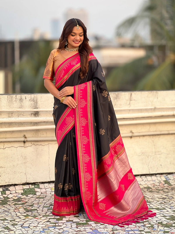 Art Soft Silk Saree with Silver Zari Temple Pallu & Golden Zari Border - FREE, RANGOLI-BLACK